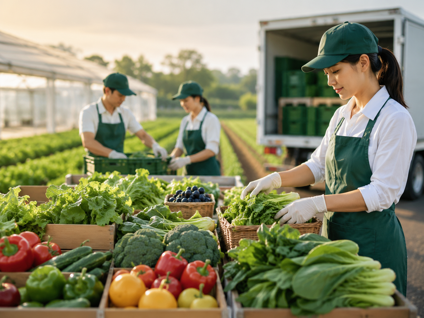 Sạp nông sản tươi với ớt, cà chua và rau củ sạch